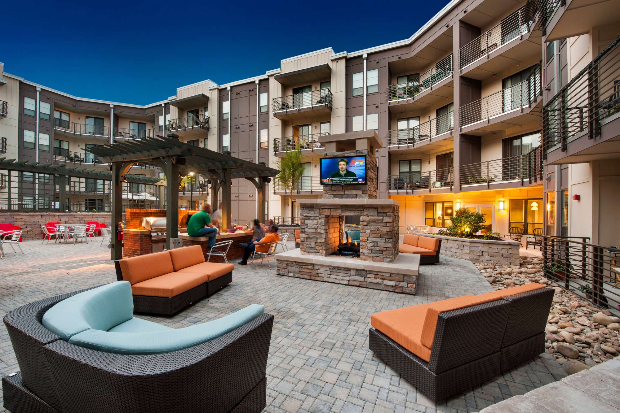Outdoor lounge and fireplace at 400 RHETT in Greenville, South Carolina