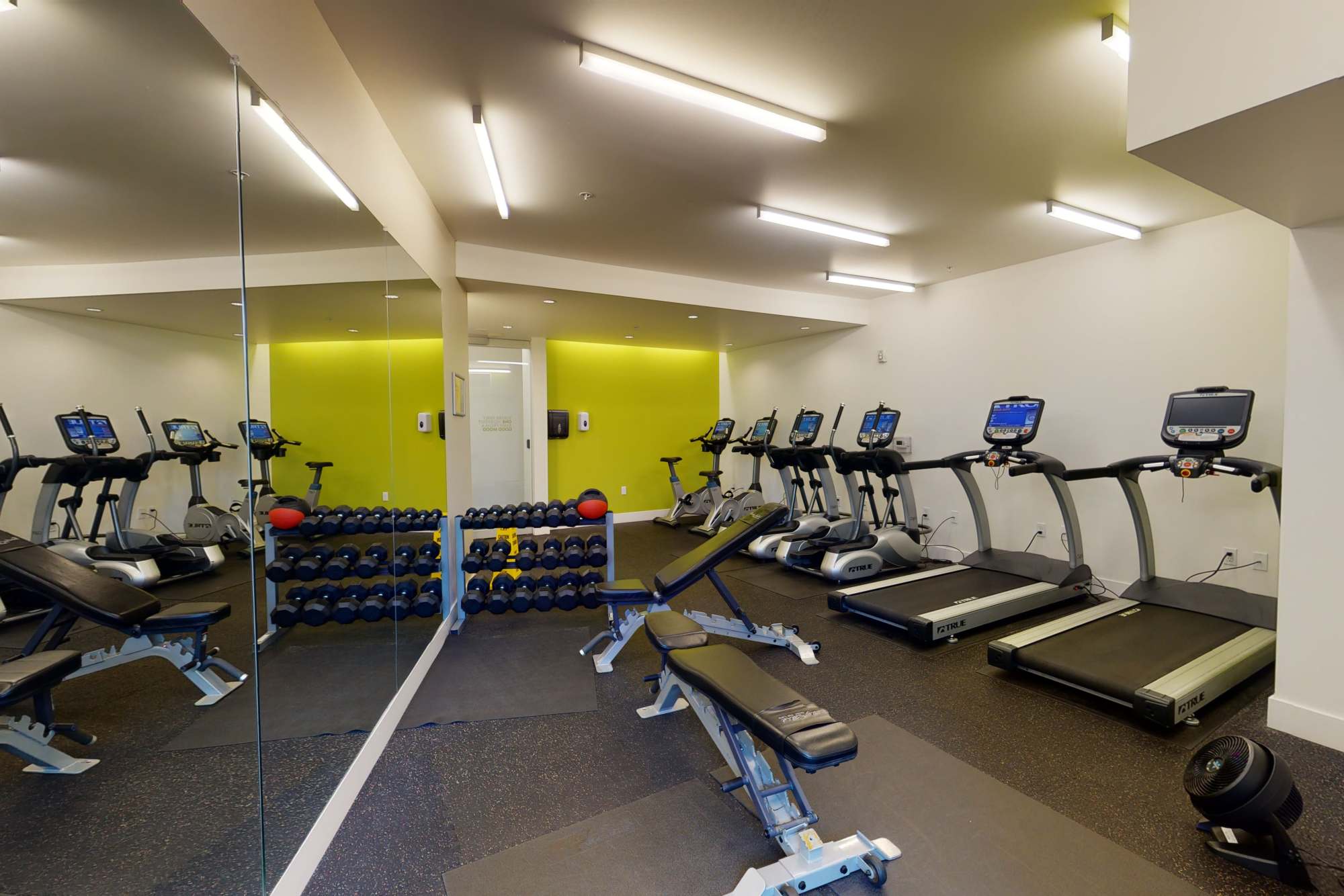 Fully equipped fitness area with weights, treadmills, and a large mirror at The Union in Portland, Oregon