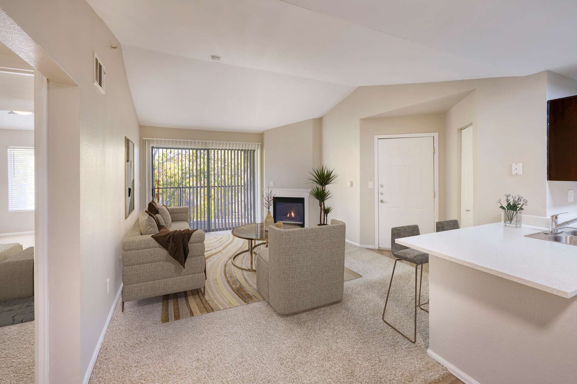 A model living room at The Crossings at Bear Creek Apartments in Lakewood, Colorado