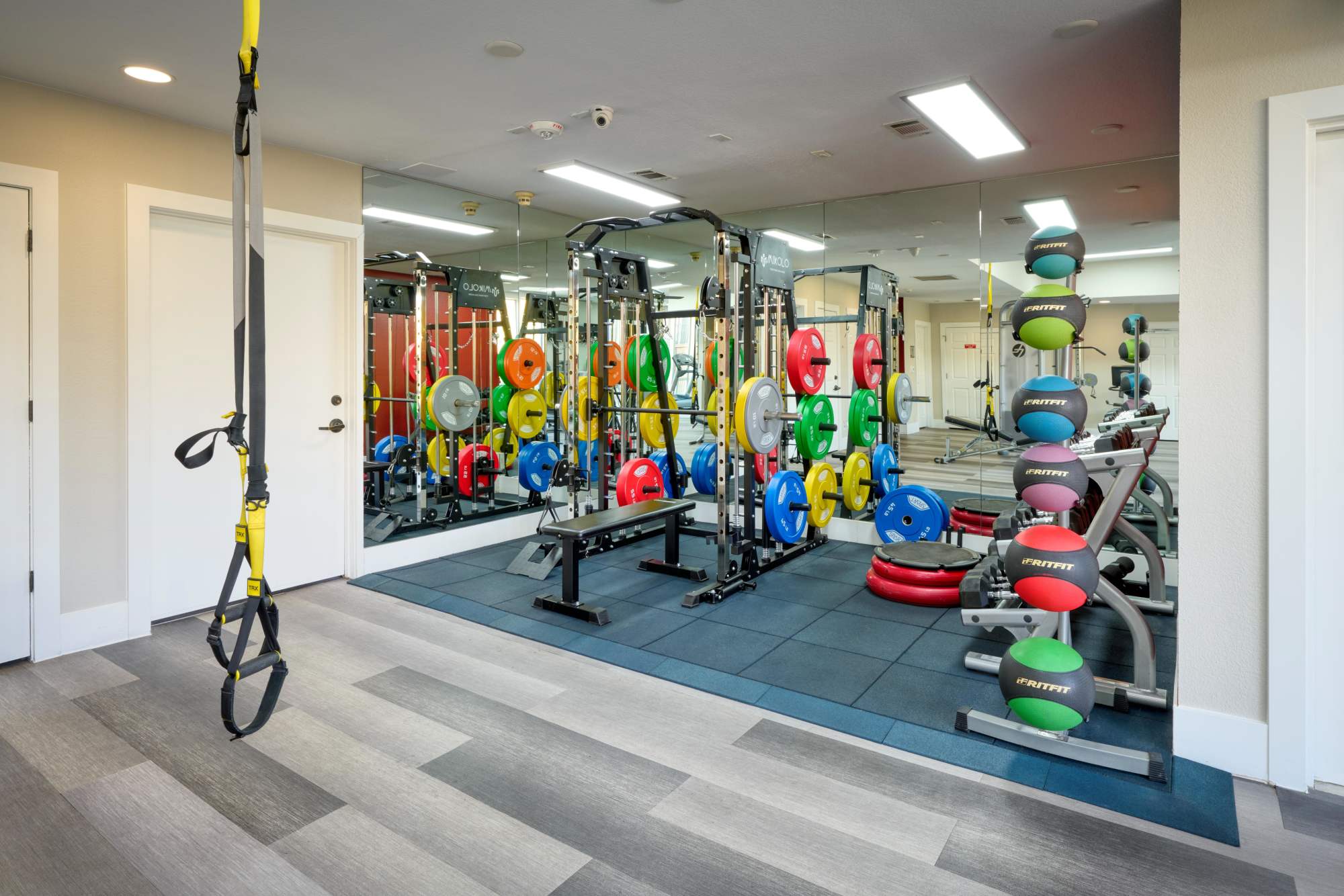 The newly renovated fitness center at The Crossings at Bear Creek Apartments in Lakewood, Colorado