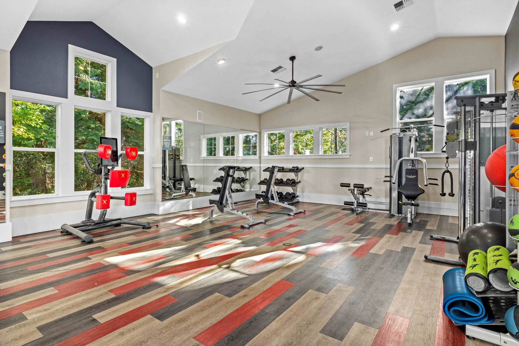 The newly renovated community fitness center at Wildreed Apartments in Everett, Washington