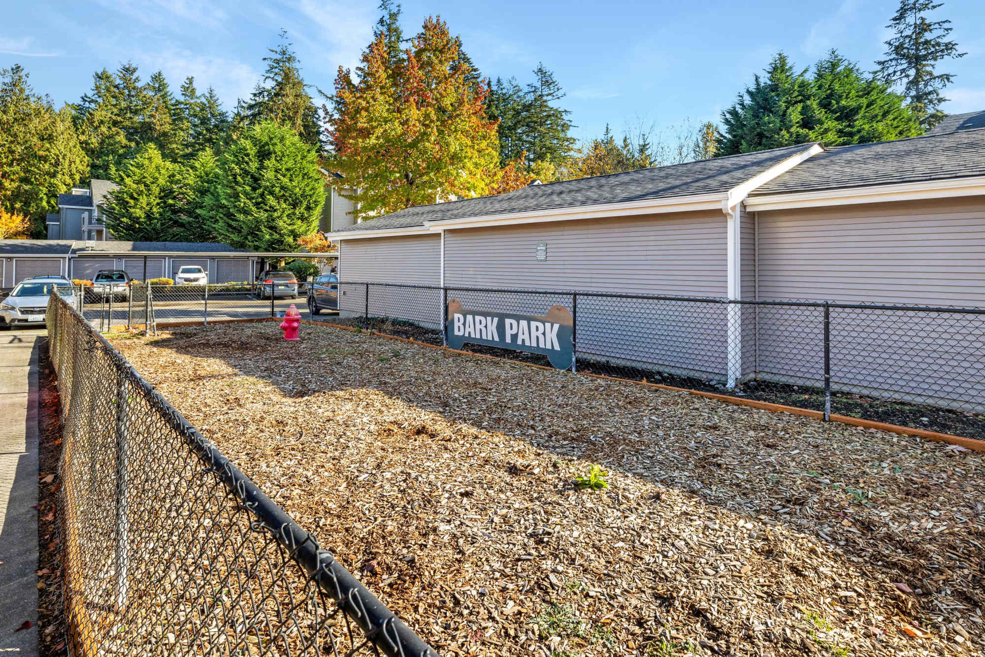 The community dog park at Wildreed Apartments in Everett, Washington