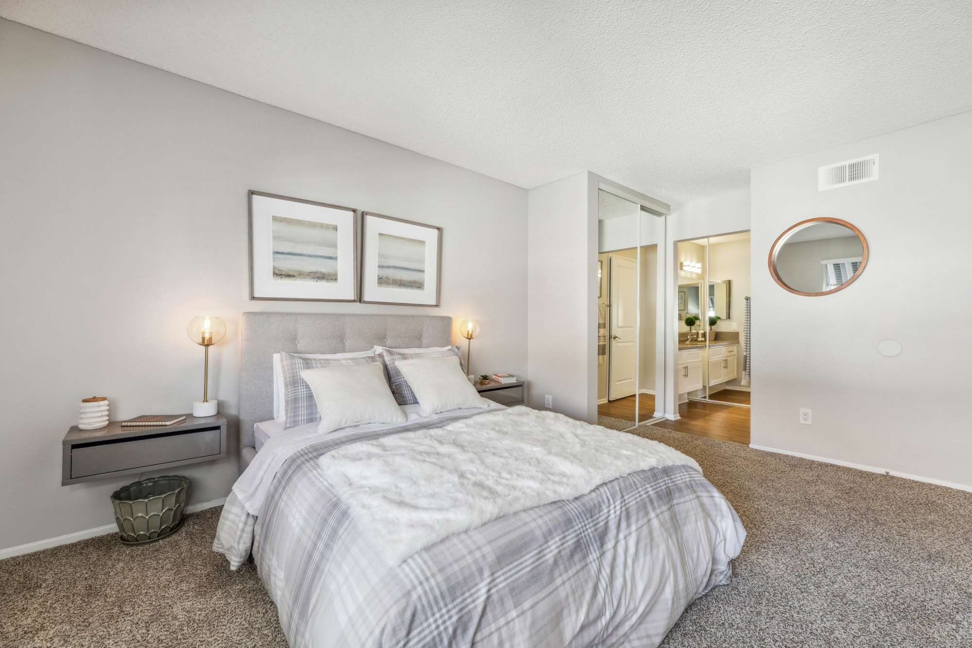 Vaulted ceilings in a townhome bedroom at Portofino Townhomes in Wilmington, California
