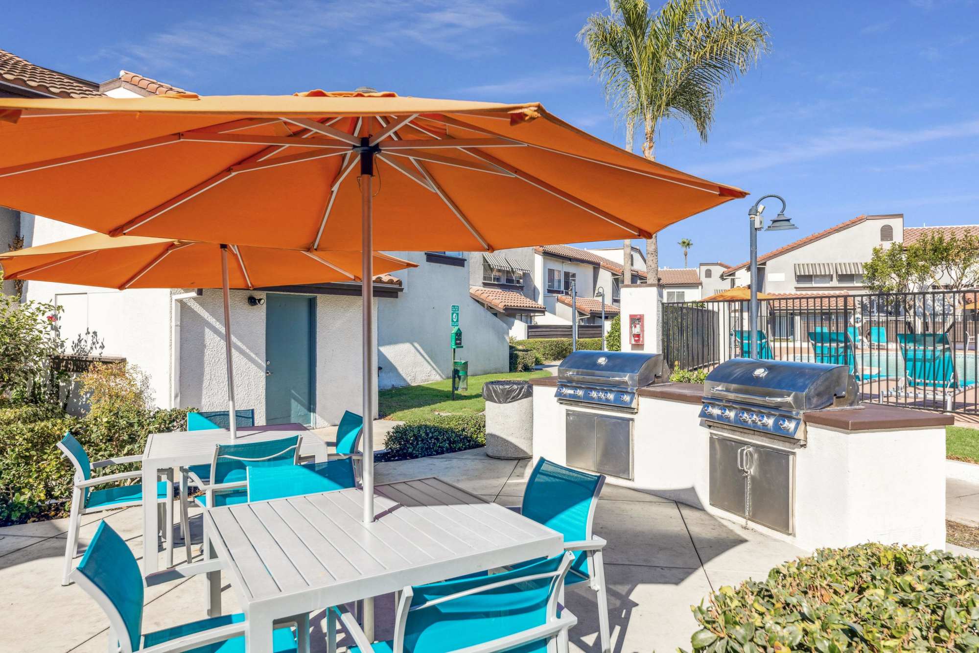 The grilling station next to the pool at Portofino Townhomes in Wilmington, California