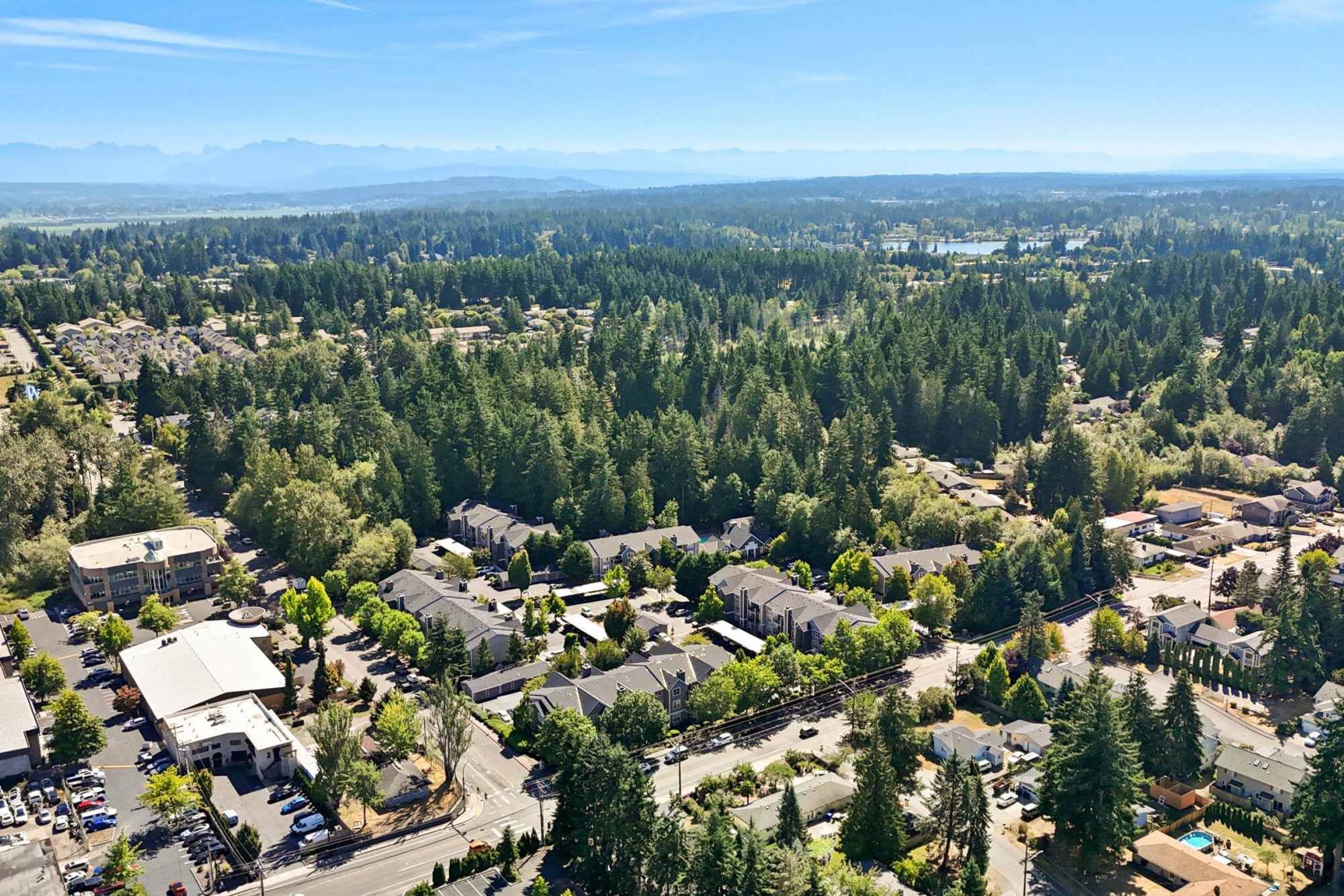 Aerial view of the property and surrounding area at Wildreed Apartments in Everett, Washington