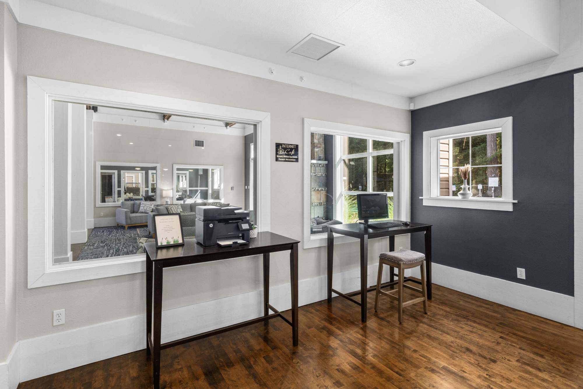 The community business center with computers at Wildreed Apartments in Everett, Washington