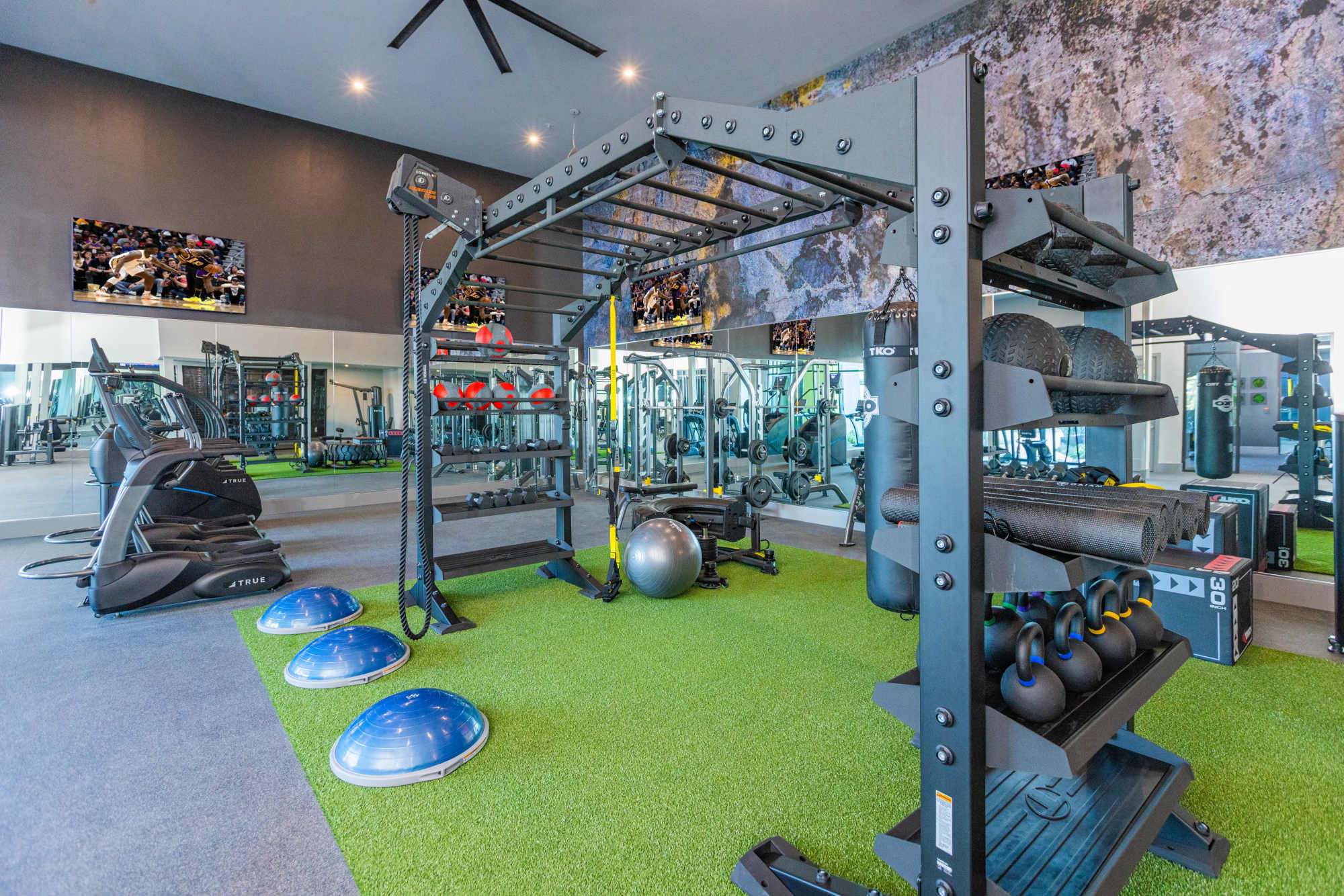 Well-equipped fitness center with treadmills and weight-lifting machines at Sacramento, California