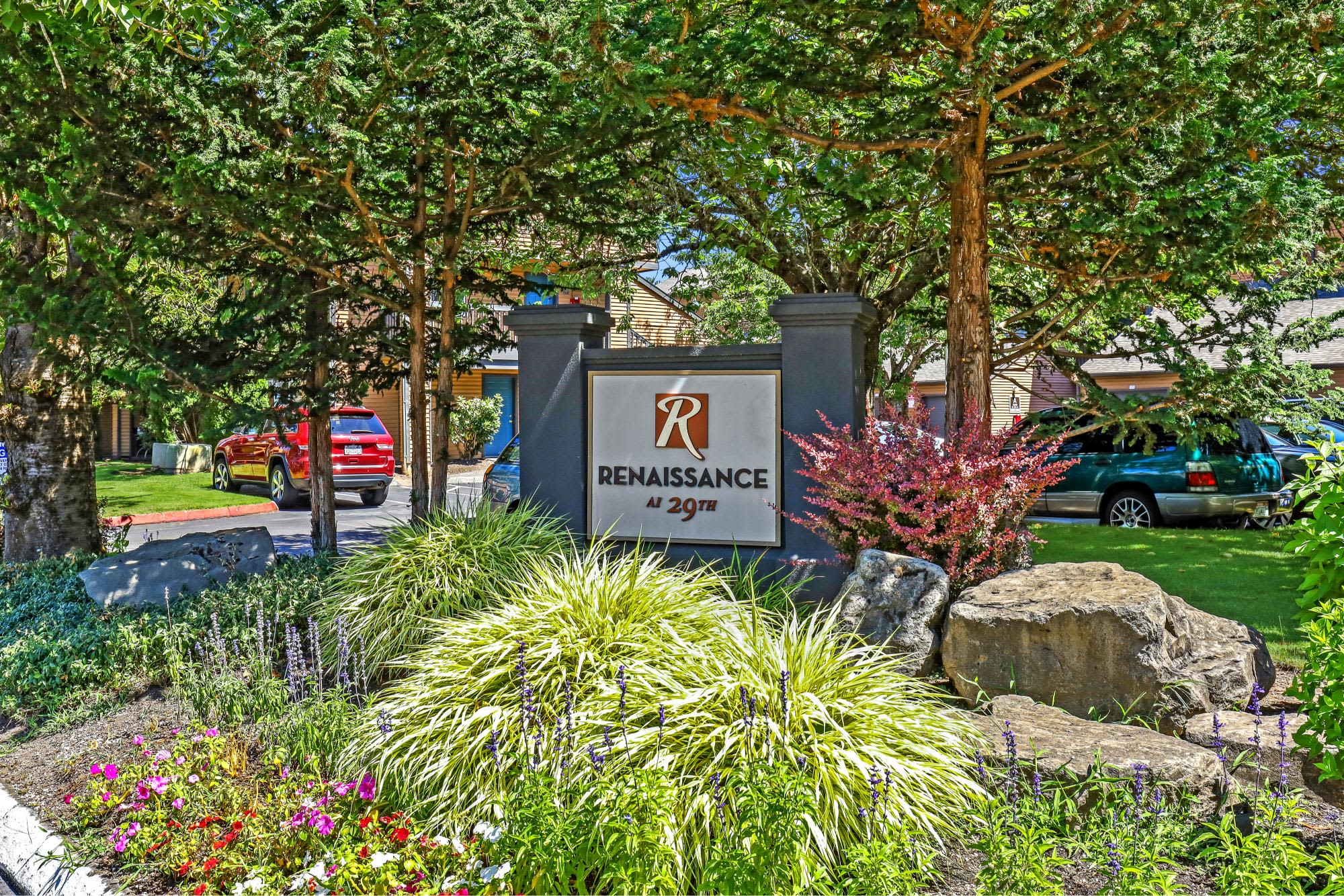 Monument sign at Renaissance at 29th Apartments in Vancouver, Washington