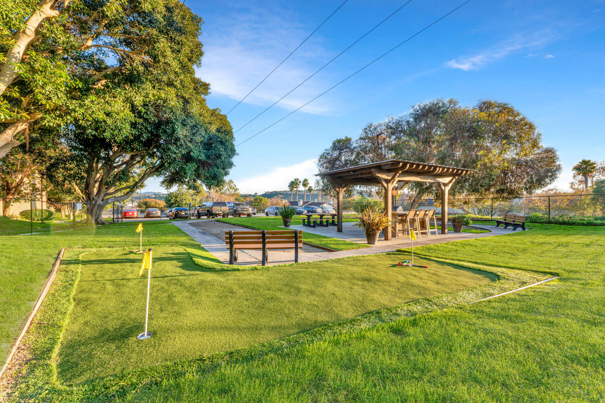 Corn hole, covered grills, putting green and a picnic area at Shadow Ridge Apartments in Oceanside, California