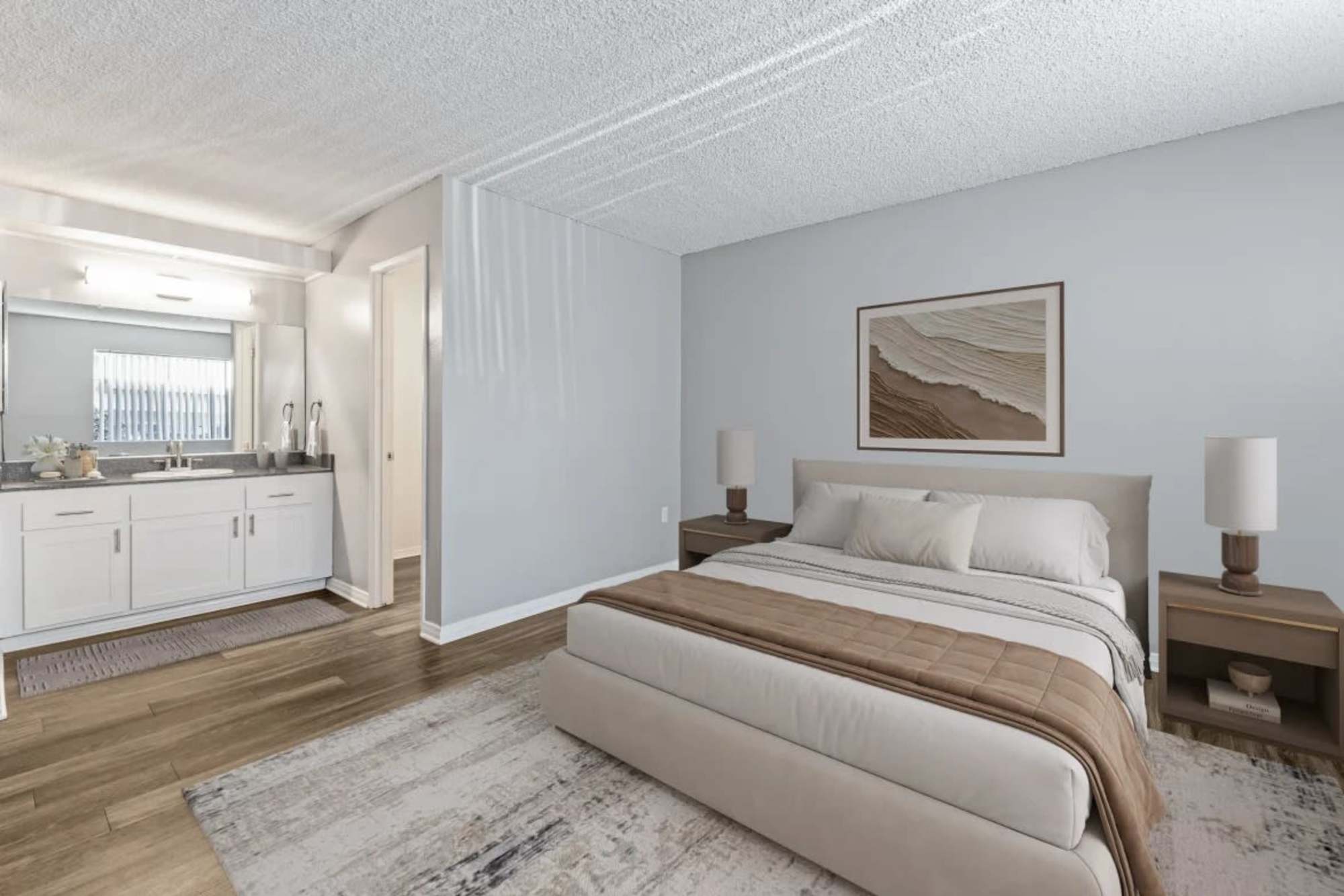 Bedroom with attached washroom at Shadow Ridge Apartments in Oceanside, California 
