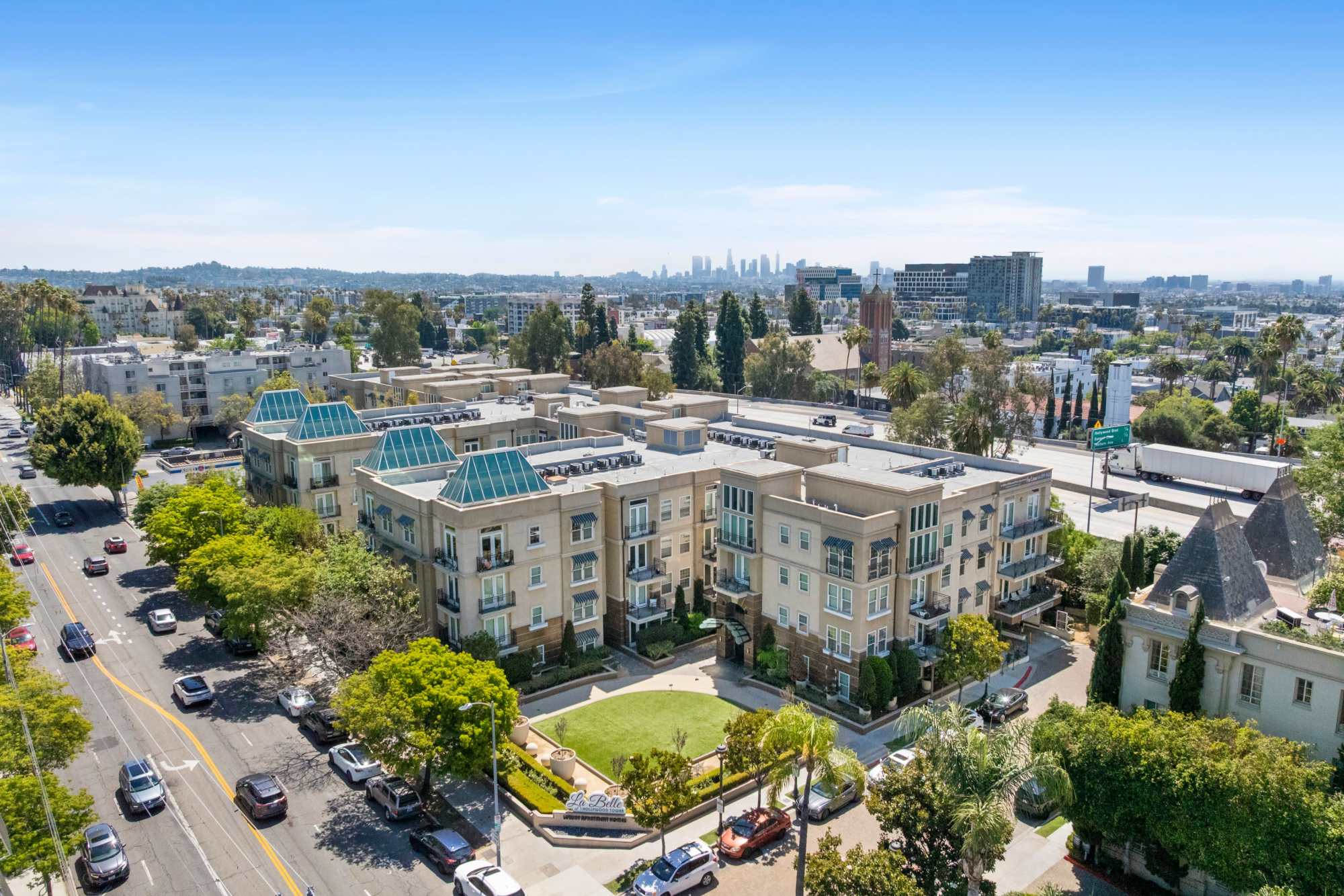 Aerial View of Building Looking back towards downtown Los Angeles at La Belle at Hollywood Tower in Los Angeles, California
