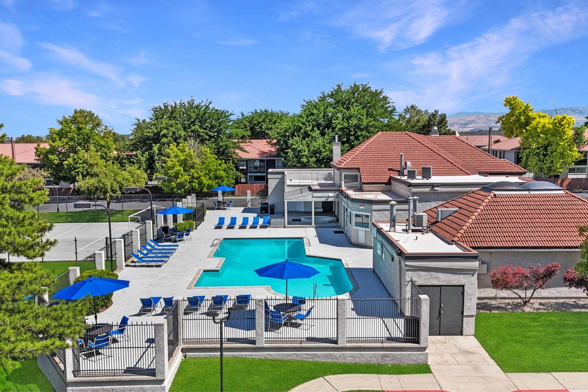 Aerial of pool and spa at Shadowbrook Apartments in West Valley City, Utah