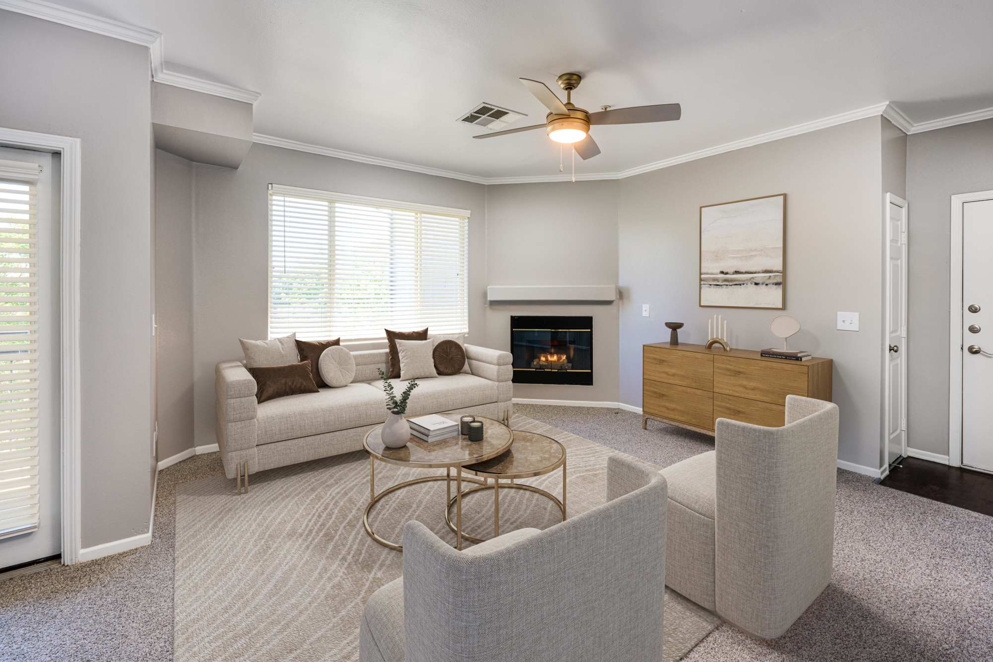 Spacious Living Room with Fire Place at Hawthorne Hill Apartments in Thornton, Colorado