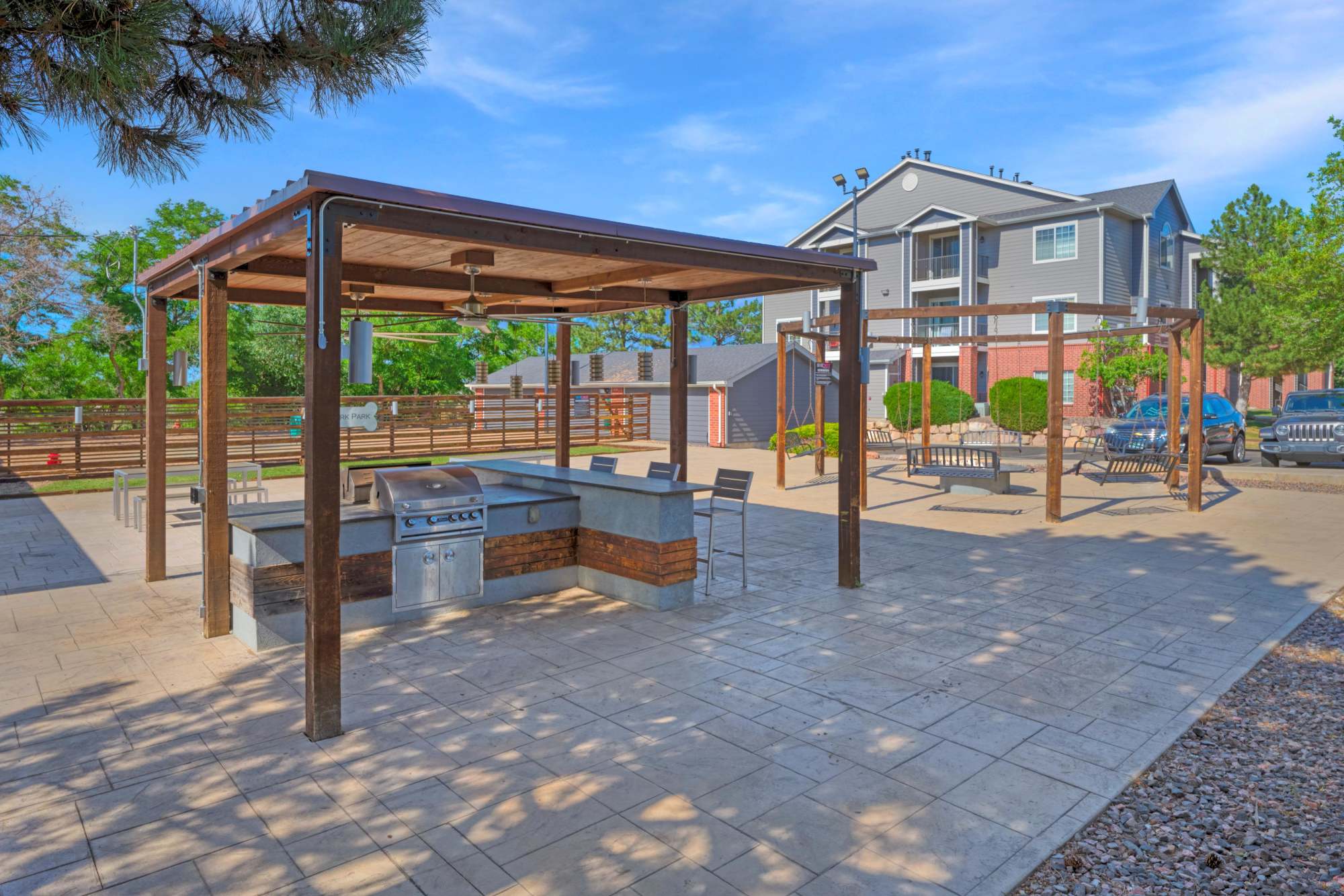 Outdoor BBQ setup at Skyecrest Apartments in Lakewood, Colorado