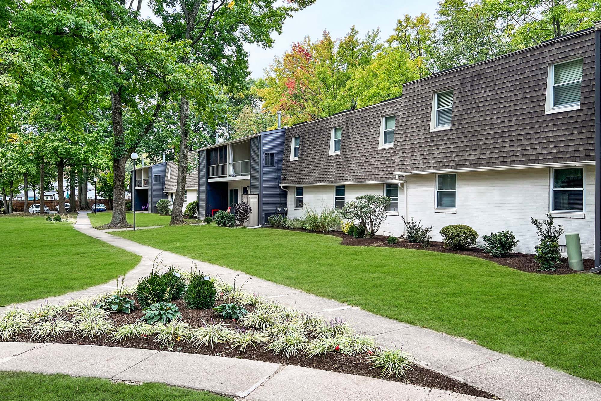 Exterior view of entries and landscaping at The Nolan, Morrisville, Pennsylvania