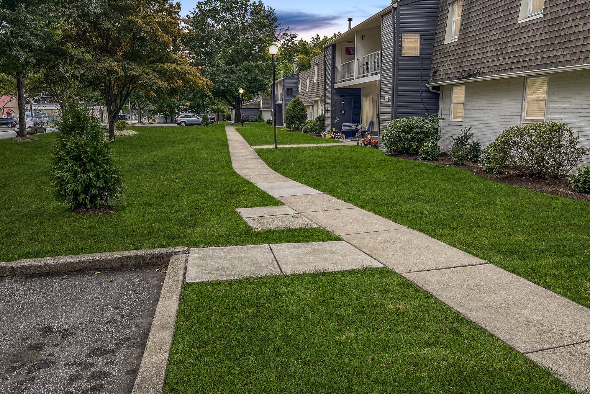 Exterior view of walkway and entryways at The Nolan, Morrisville, Pennsylvania