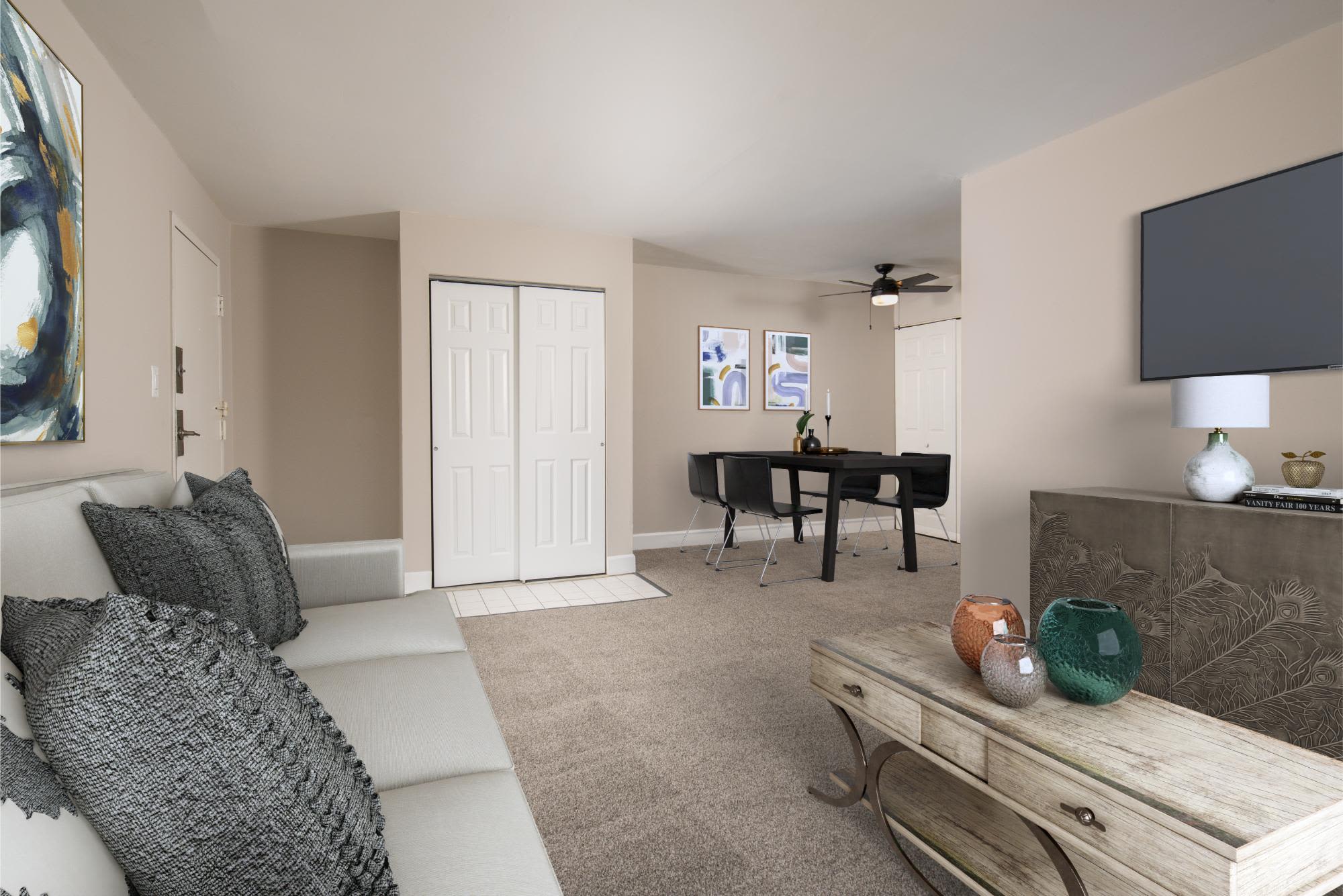 Living room and dining room at Liberty Pointe in Newark, Delaware