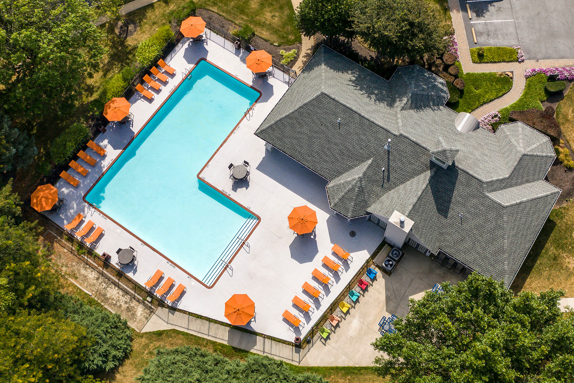 Aerial of Pool and sundeck at Iron Ridge and Stonegate Apartments in Elkton, Maryland