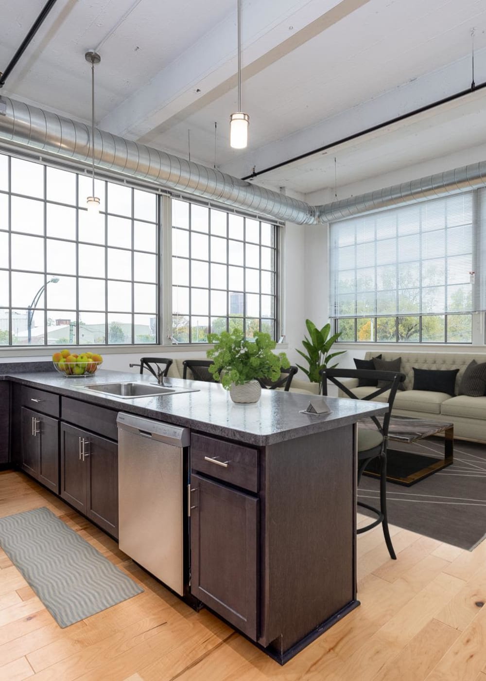 Stainless-steel appliances in an apartment kitchen at Barcalo Living in Buffalo, New York