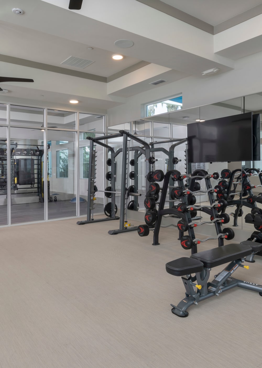 Weight lifting equipment in the fitness center at Sentosa Riverview in Riverview, Florida