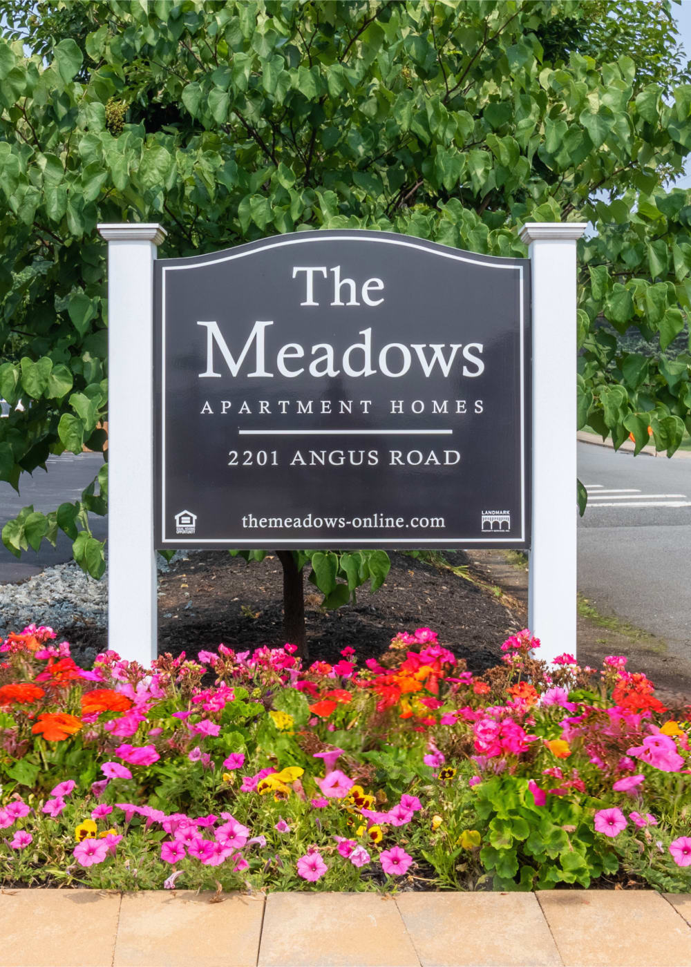 The main sign outside of The Meadows Apartments in Charlottesville, Virginia