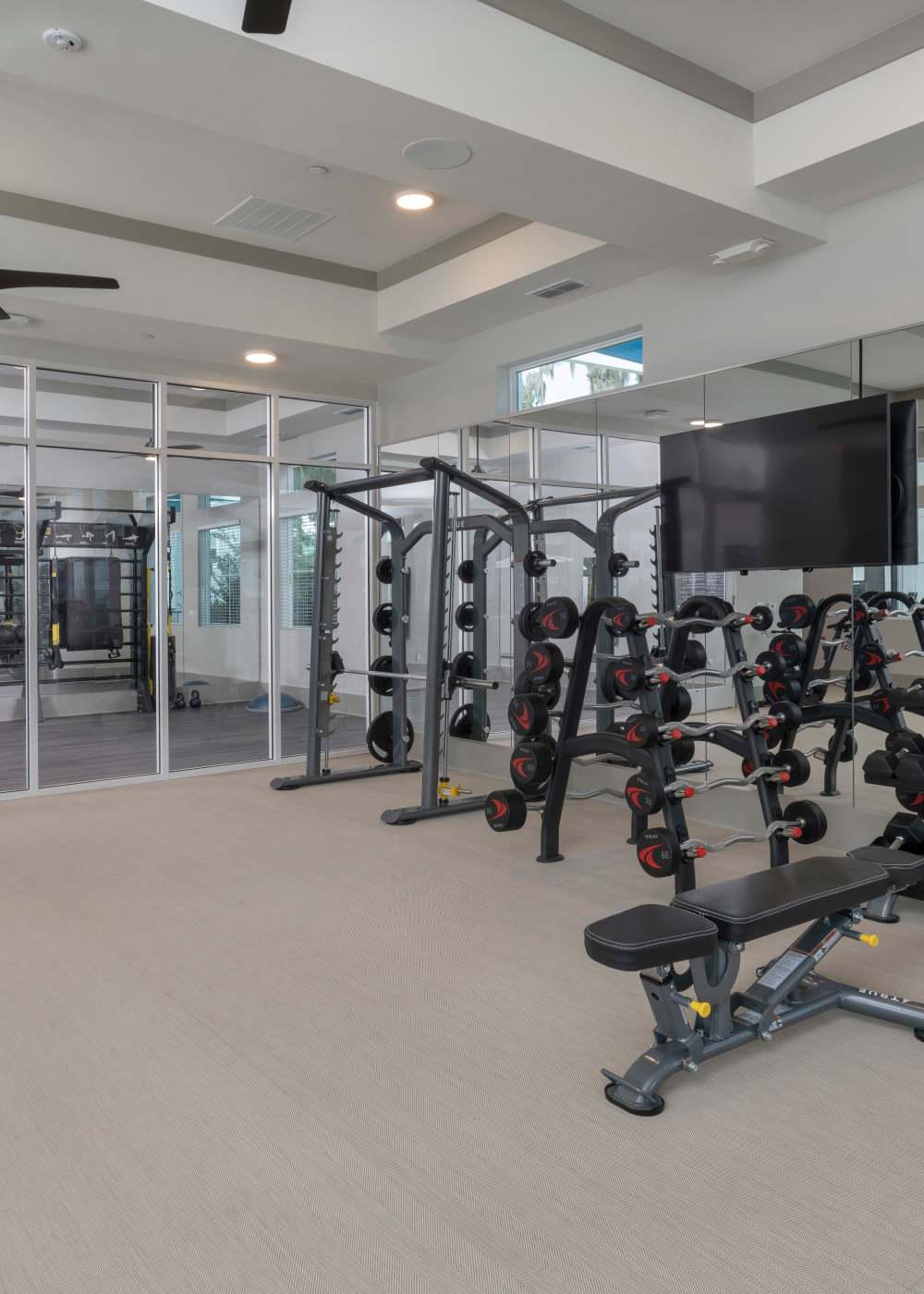 Weight lifting equipment in the fitness center at Sentosa Riverview in Riverview, Florida