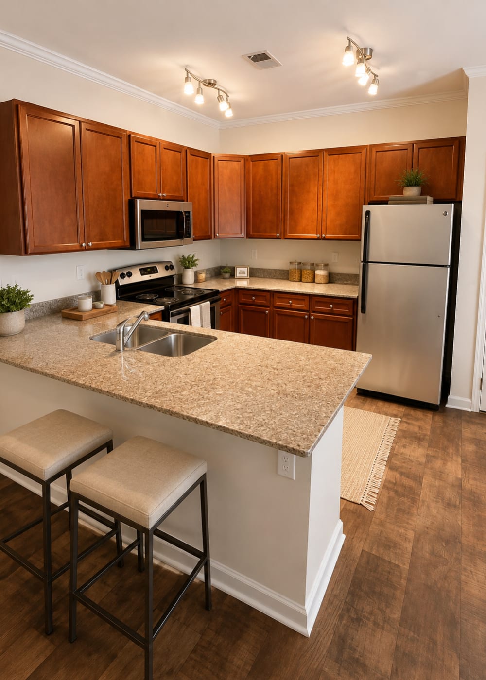 Cozy kitchen with well-designed cabinetry at Palisades at The Park in Greenville,South Carolina