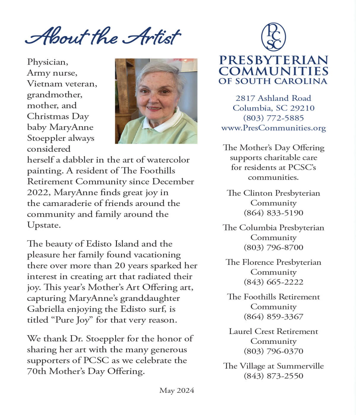 About the artist of the Mother's Day Offering card at Presbyterian Communities of South Carolina