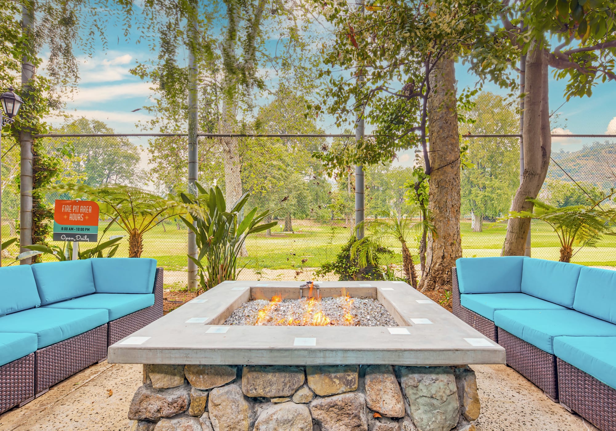 Outdoor lounge and fire pit at Rancho Los Feliz in Los Angeles, California