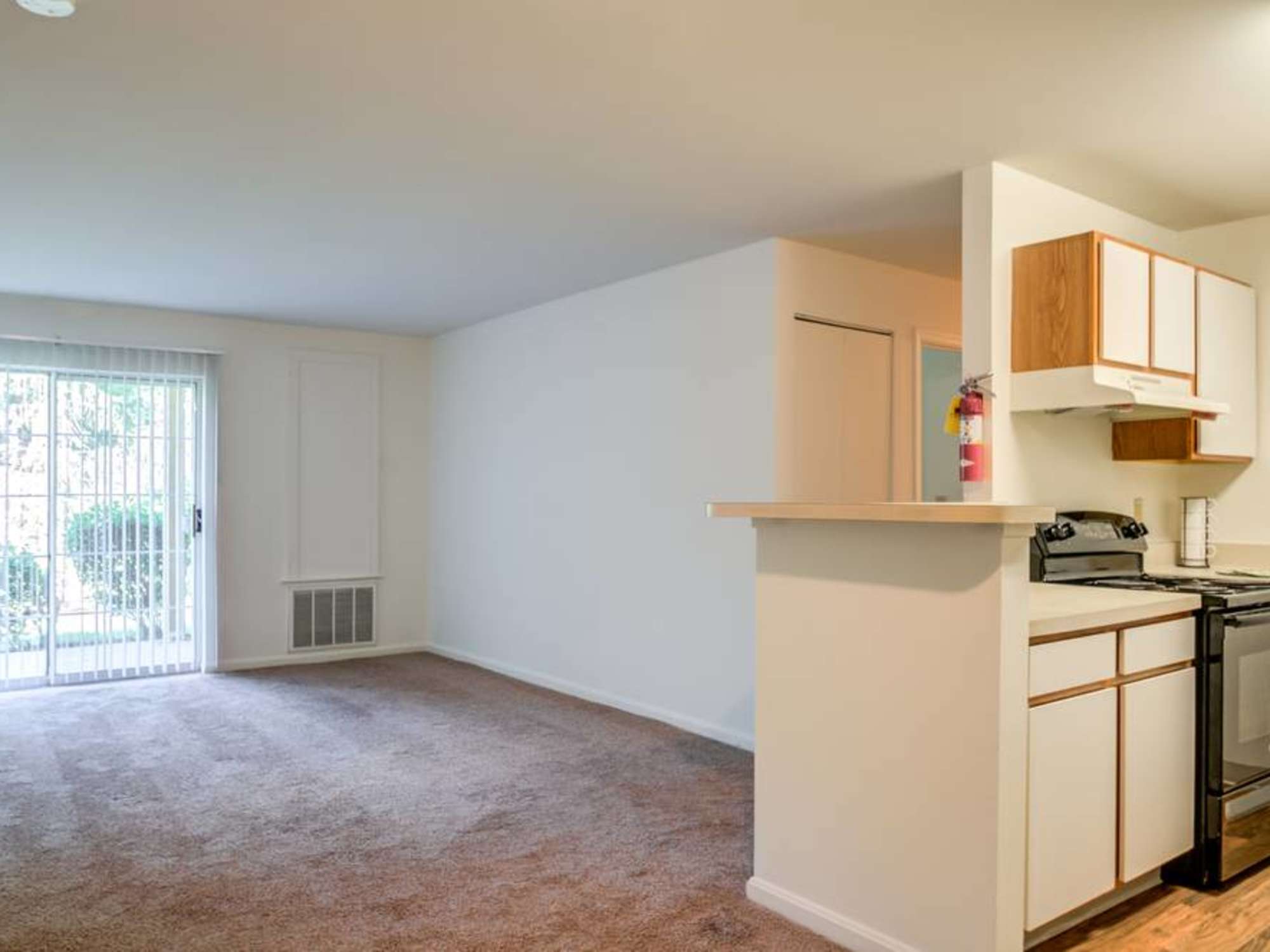 Spacious living area with carpet flooring and kitchen featuring white cabinets and stainless steel appliances at The Vinings at Christiana Apartments in Newark, Delaware