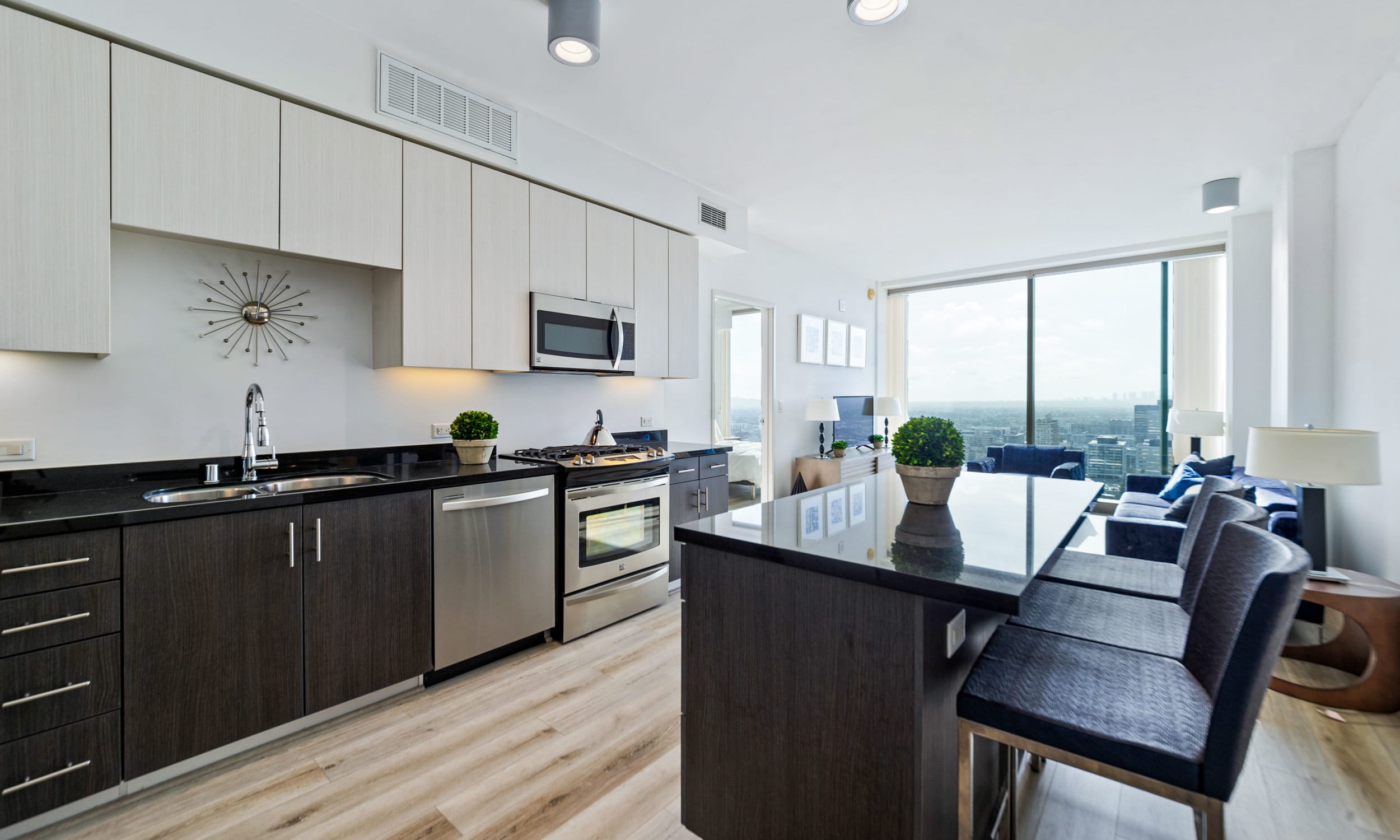 Modern kitchen with stainless-steel appliances at The Vermont in Los Angeles, California