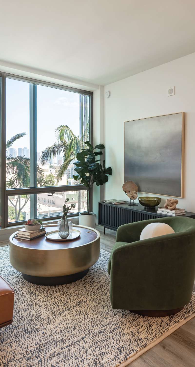 Furnished living room at Nari in Los Angeles, California