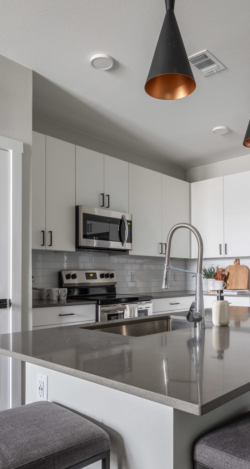 Stainless-steel appliances in an apartment at Ladora Modern Apartments in Denver, Colorado
