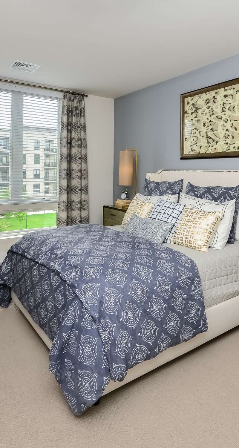 Furnished model bedroom at Riverworks in Phoenixville, Pennsylvania