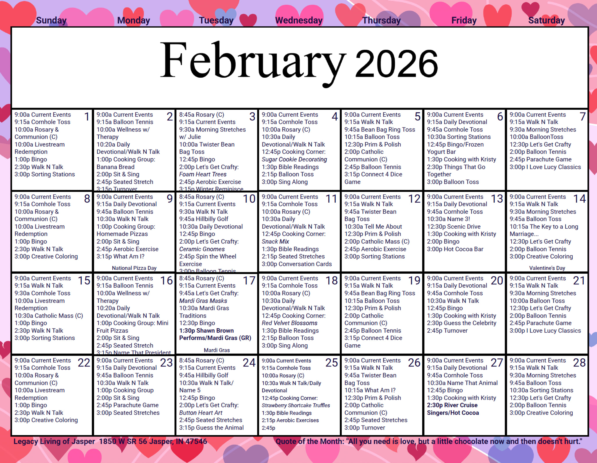 February Calendar at Legacy Living Jasper in Jasper, Indiana