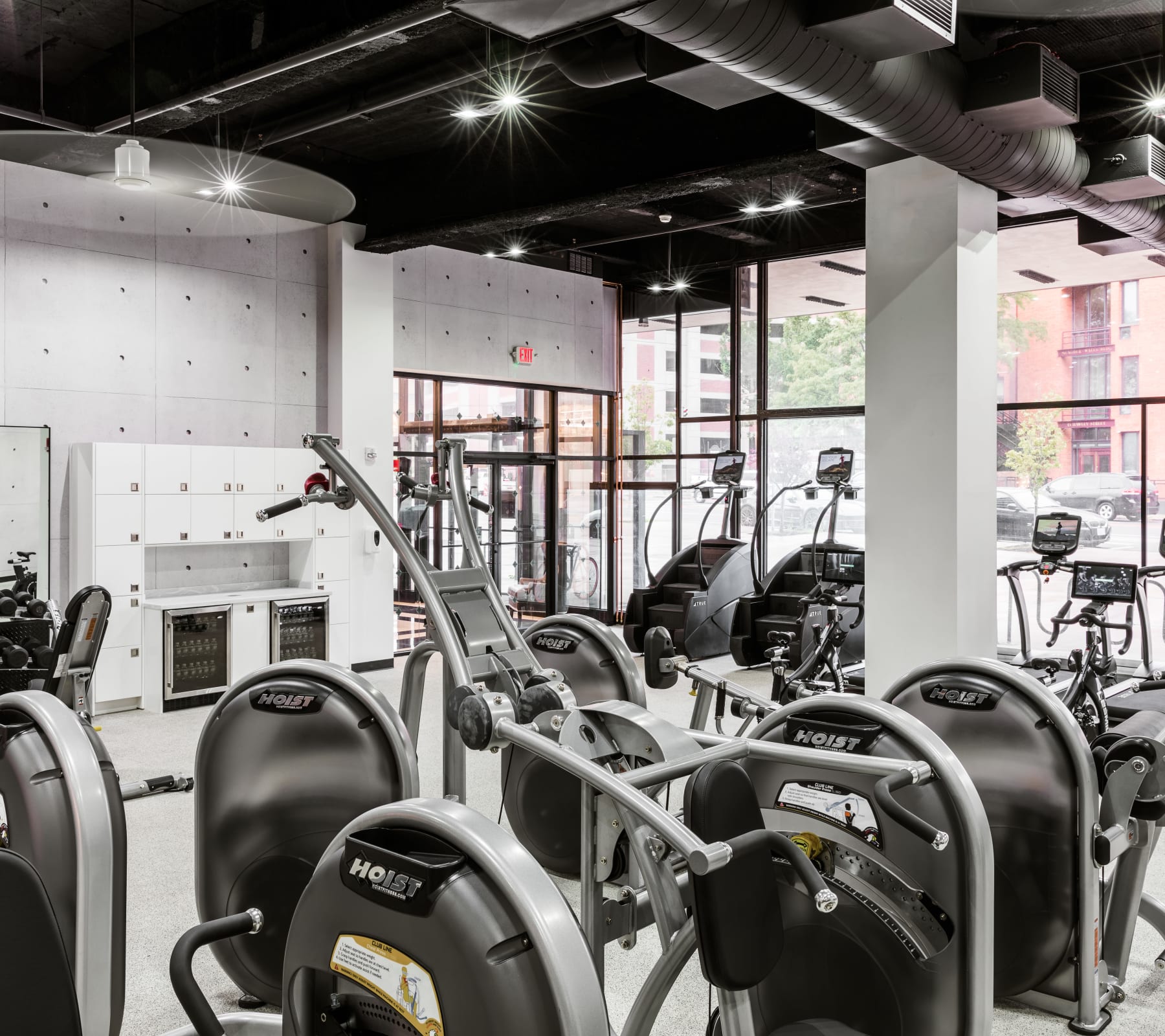 Very well-equipped onsite fitness center at 20 Hawley in Binghamton, New York