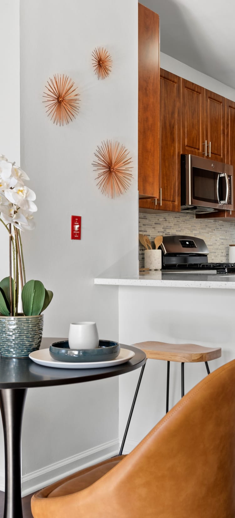 Modern kitchen with sleek, stainless-steel appliances at Sofi Lyndhurst in Lyndhurst, New Jersey