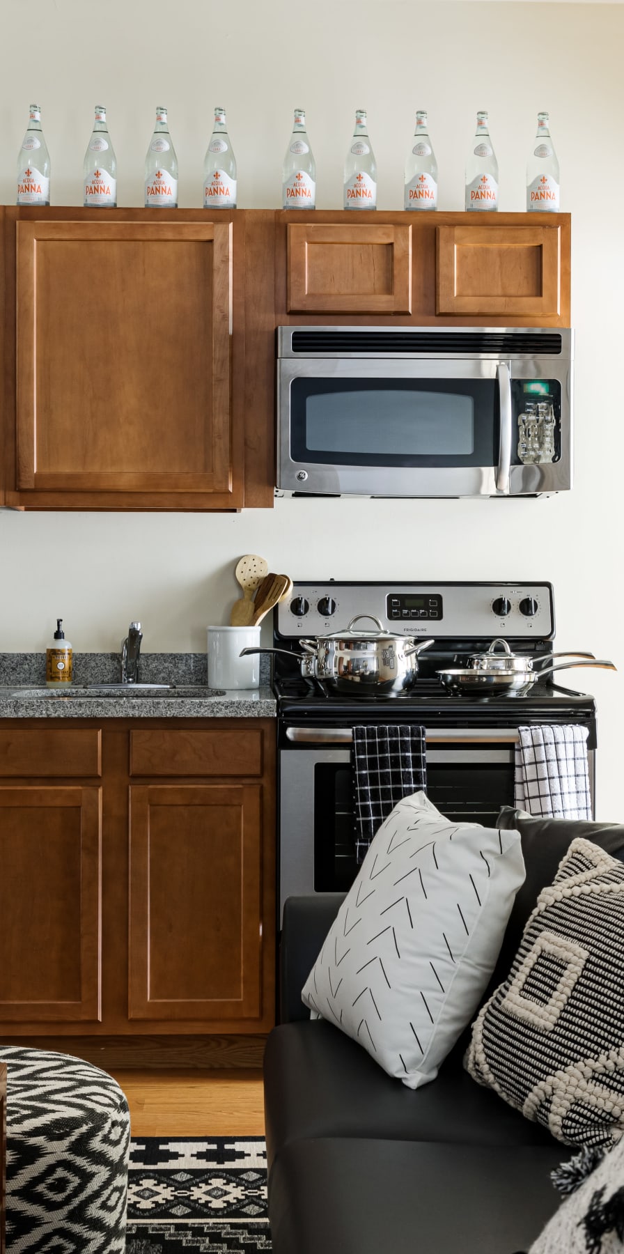 Modern kitchen in a model student apartment at 20 Hawley in Binghamton, New York