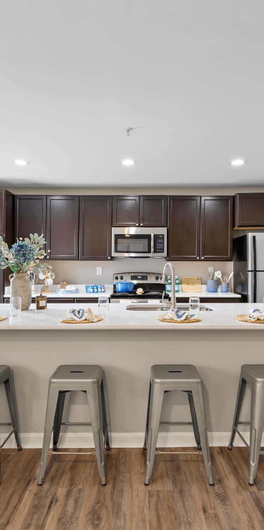 Modern kitchen in a model student apartment at The Gathering in Salisbury, Maryland