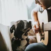 Resident playing guitar to his dog at Legacy Square, Plano, Texas 