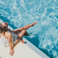 Close-up of woman near pool at Ellinwood in Pleasant Hill, California