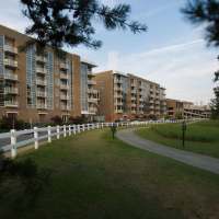 Walking path through a grass area in front of apartments at Environs Lofts at East 54 in Chapel Hill, North Carolina