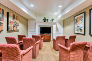 Community theater room at Windsor Court & Stratford Place in Westminster, California