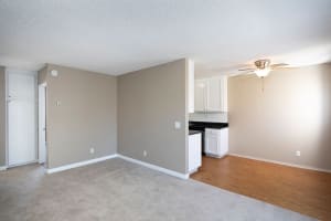 Carpeted living room at Royal Village Apartments in San Diego, California