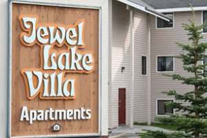 Exterior sign at Jewel Lake Villa in Anchorage, Alaska