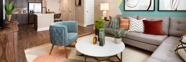 Living room with modern details at Revel Ballpark in Smyrna, Georgia