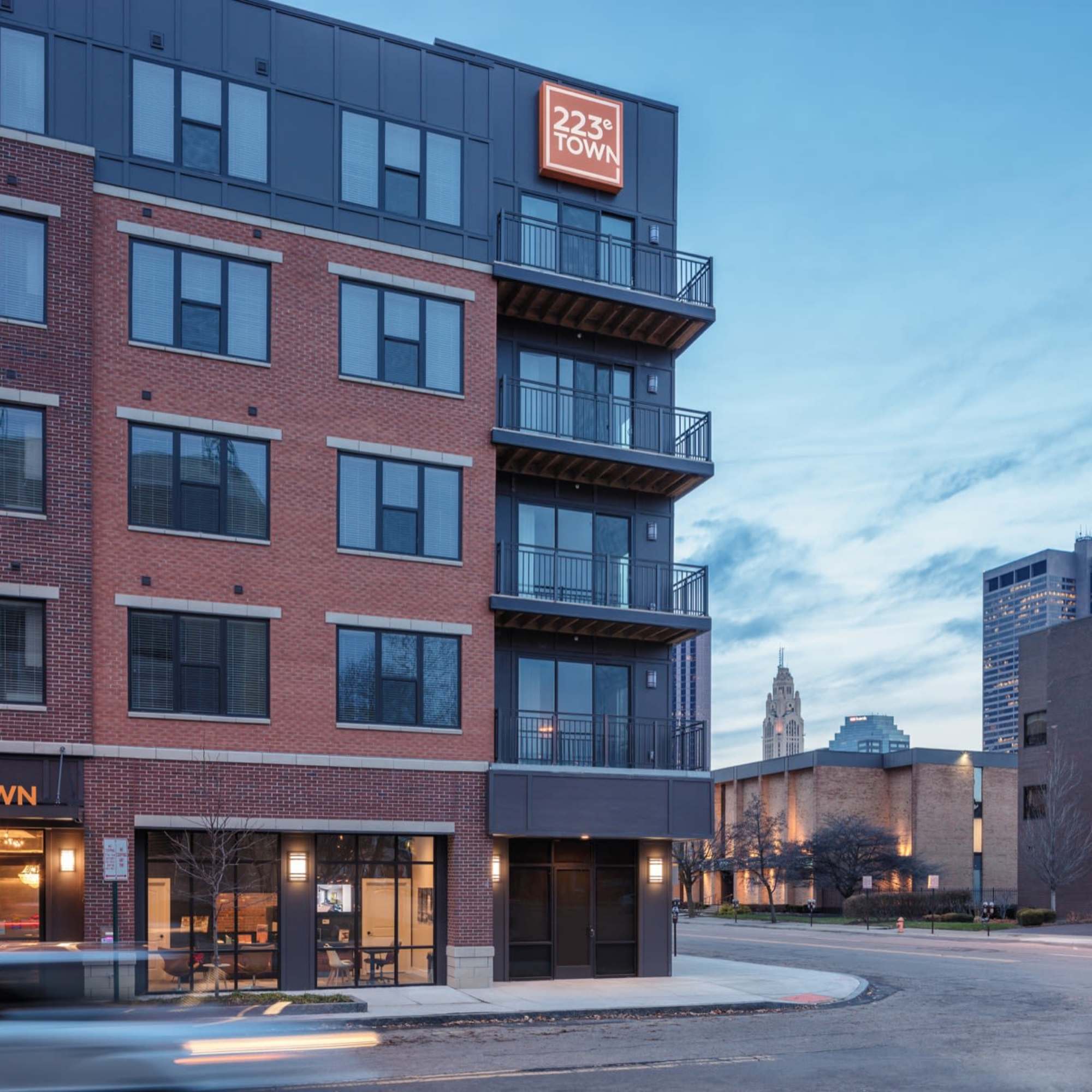 Brick building with large windows at 223 E Town in Columbus, Ohio