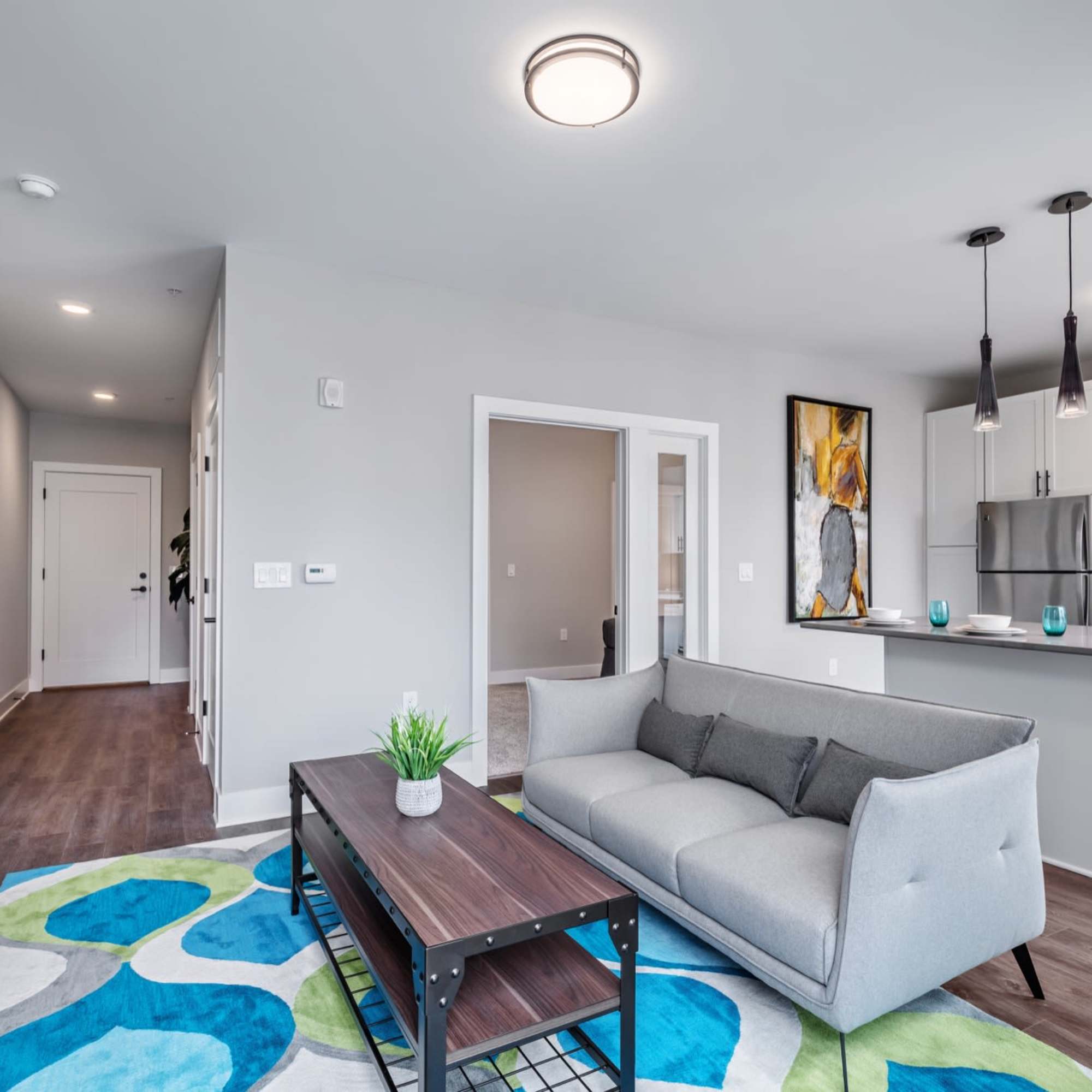 Sofa and coffee table in living area at 223 E Town in Columbus, Ohio