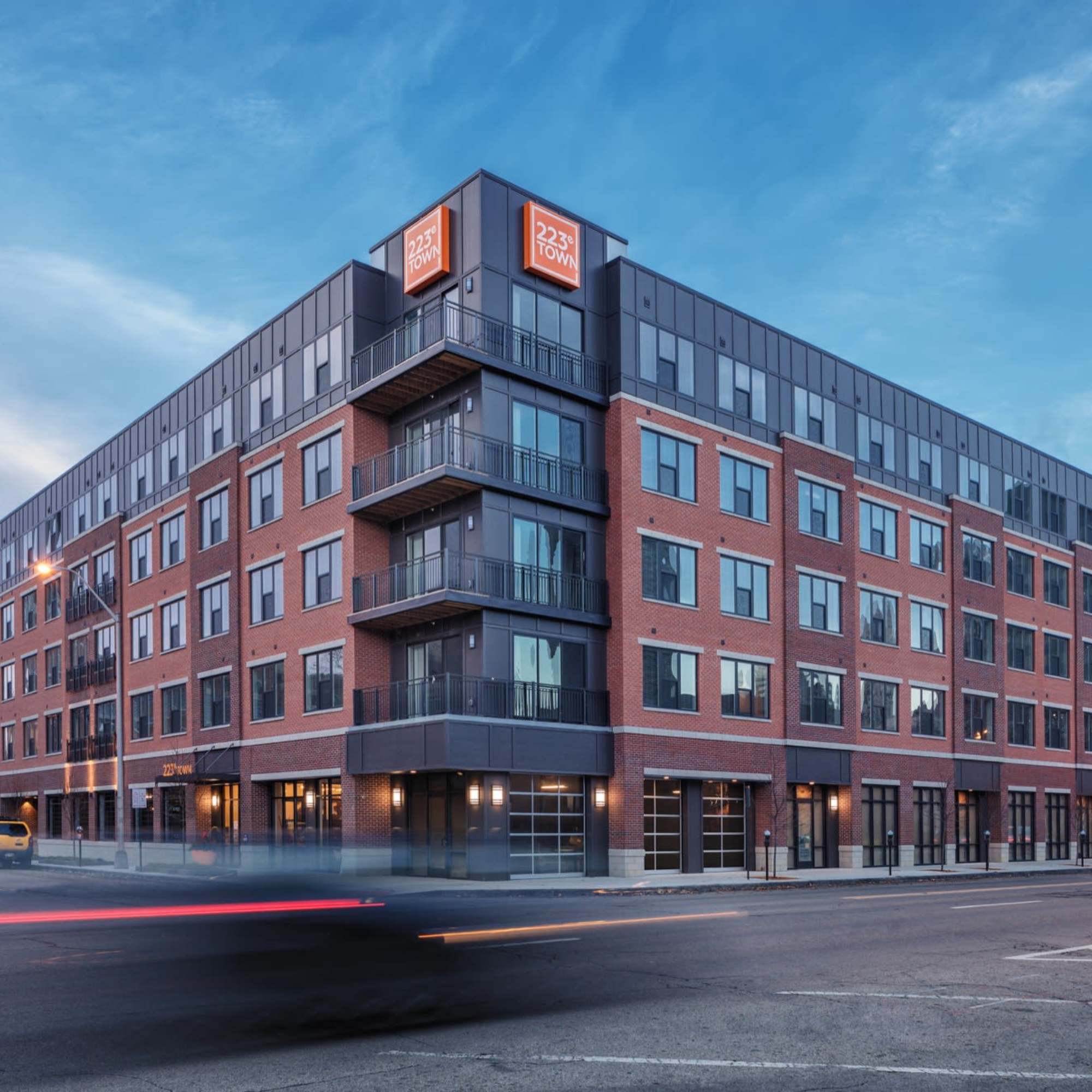 Brick building with balconies and large windows at 223 E Town in Columbus, Ohio