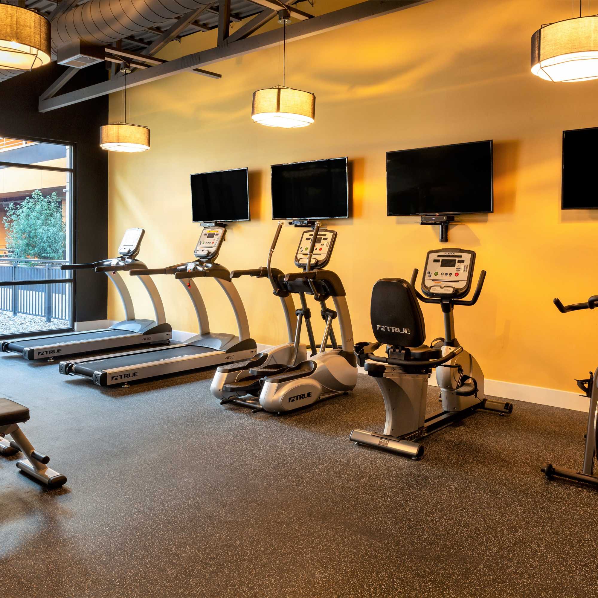 Fitness equipment with treadmills and bikes at 223 E Town in Columbus, Ohio